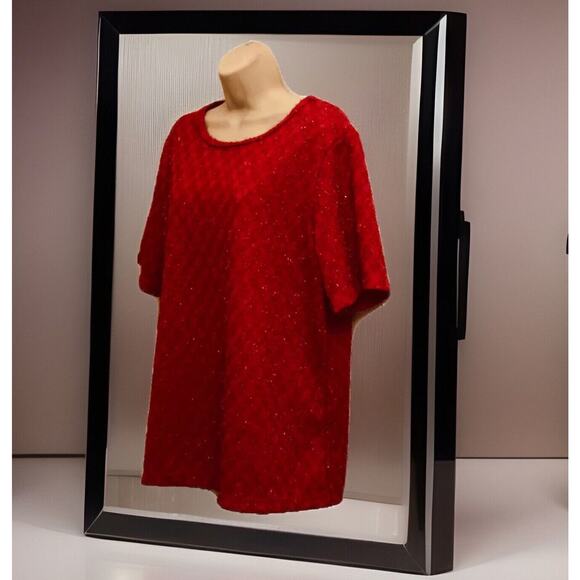 Kathie Lee Top Womens 18W/20W Argyle Pullover Red Polyester S/SLV Sparkle USA - Picture 1 of 11